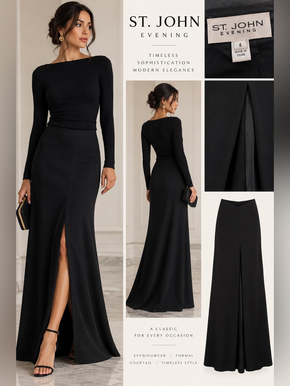 St. John Evening Black Long Maxi Skirt Size 4 Elegant Formal